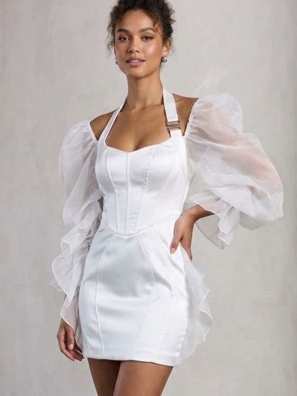 White Halter Mini Wedding Dress with Dramatic Organza Sleeves Angel